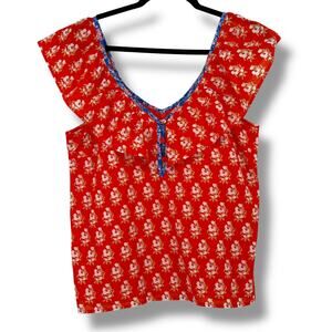 J. Crew Floral Flutter Sleeve Shirt Womens Size XS Orange Blue Reimagined